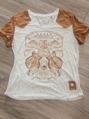 Panhandle Slim Women's Western Graphic Tee Size Small Cream & Rust V-Neck